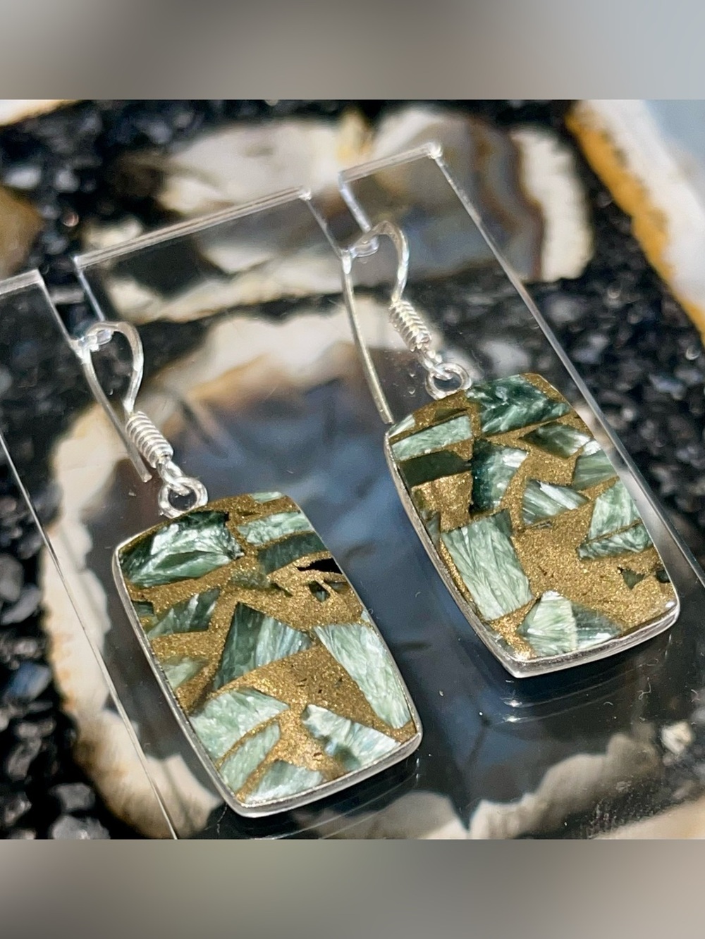 Thin Lightweight Silver Sheen Seraphinite in Copper Earrings 1 7/8”